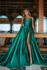 Emerald Green V-Neck Prom Dress Long with Split