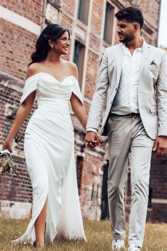 Charmeuse Wedding Gown Featuring an Off-The-Shoulder Neckline and Side Split