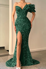 Glitter Orange Off-the-Shoulder V-Neck Mermaid Split Evening Dress with Sequins