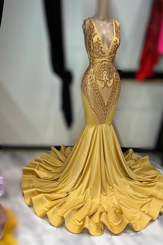 Modern Gold Deep V-Neck Mermaid Prom Dress With Sequins Sleeveless