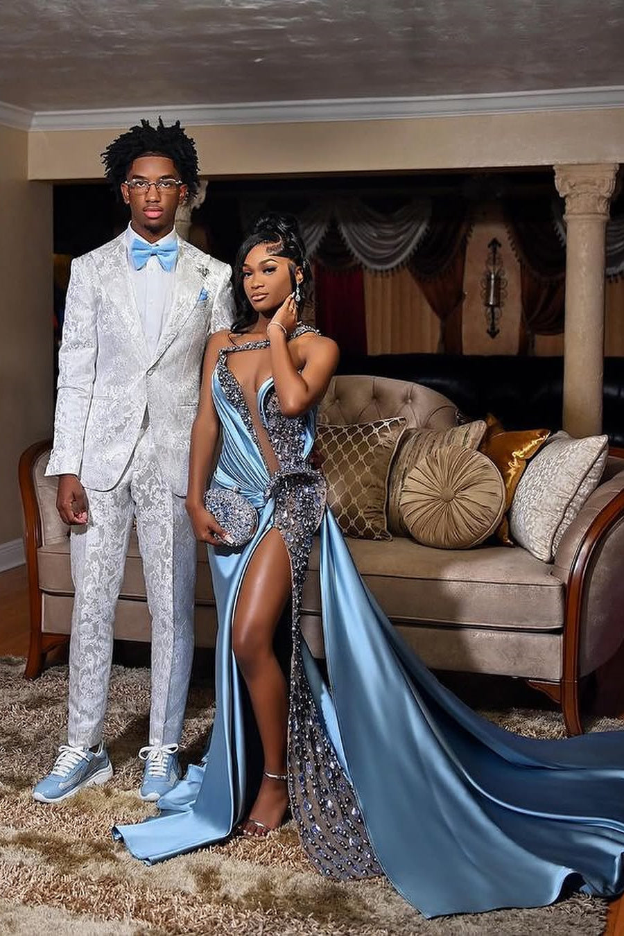 Modern Dusty Blue One Shoulder Slit Prom Dress Long With Beads