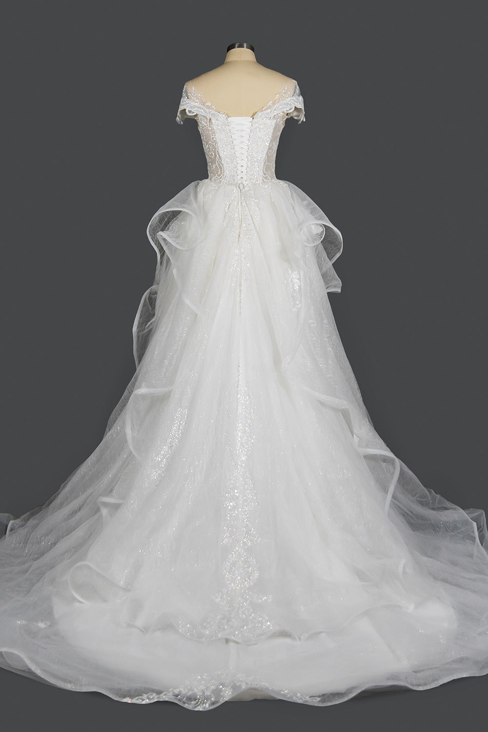 Wedding Ball Gown with Vintage Sequins, Tulle Appliques, and Ruffles