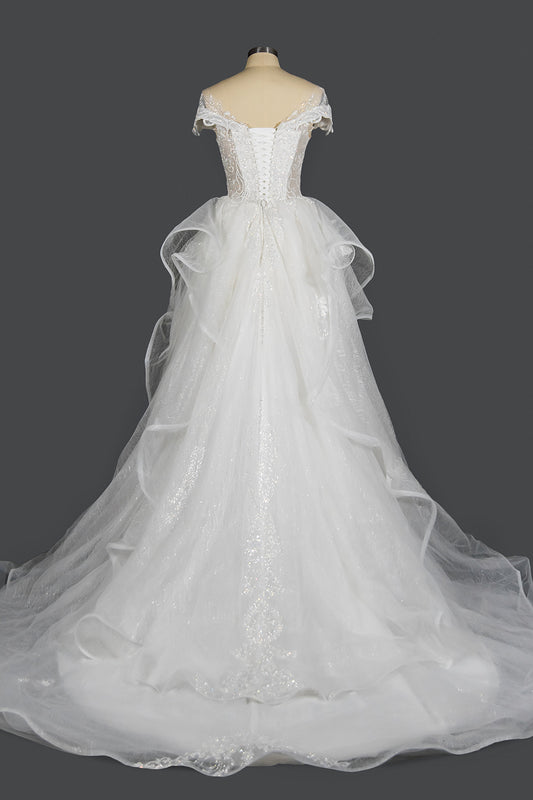 Wedding Ball Gown with Vintage Sequins, Tulle Appliques, and Ruffles