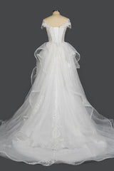 Wedding Ball Gown with Vintage Sequins, Tulle Appliques, and Ruffles