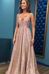 Amazing Spaghetti-Straps V-Neck Sequins Prom Dress Long