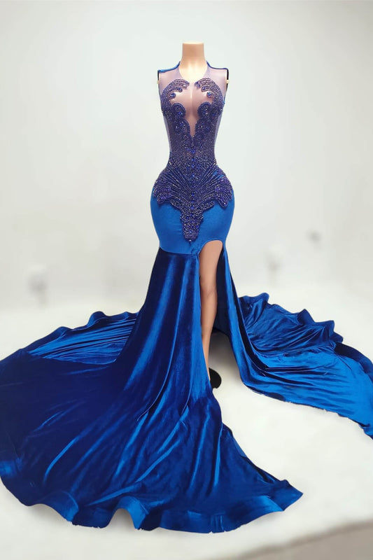 Fabulous Royal Blue Scoop Sleeveless Mermaid Prom Gown With Split Beadings