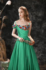 Gorgeous Green Off-the-Shoulder Long Prom Dresses Split With Flower Embrodiary
