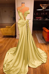  Off-the-Shoulder Mermaid Prom Dress Long Beadings with High Split