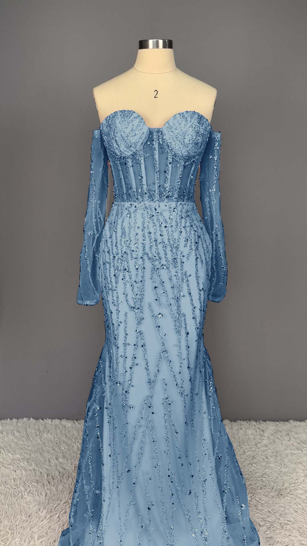 Heavy Champagne Prom Dress Sweetheart Long Sleeves Strapless Beads Mermaid Tulle