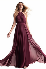 Pink Chiffon Prom Dress Halter Sleeveless Long Pleated