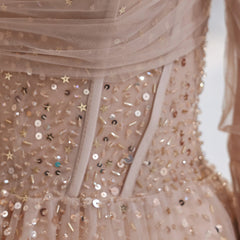 Gorgeous Off-the-Shoulder Tulle Sheer Long Sleeves Prom Dress With Sequins