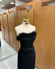 Mermaid Prom Dress Long Black Feather Sleeveless Strapless