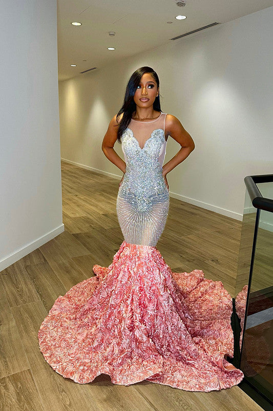 Elegant Coral Evening Dress Sequins Long Flower With V Neck Tulle