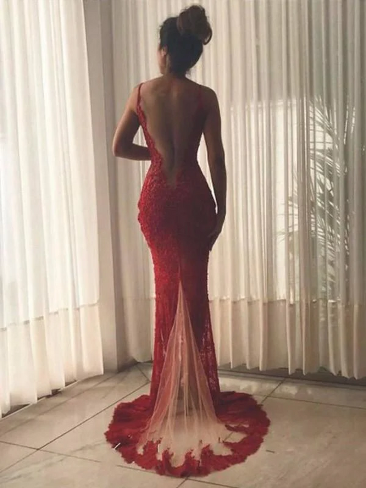 Red V-Neck Mermaid Long Train Prom Dress with Lace