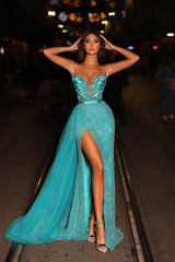 Classic Blue Mermaid Prom Dress Beadings Long Tulle With Slit