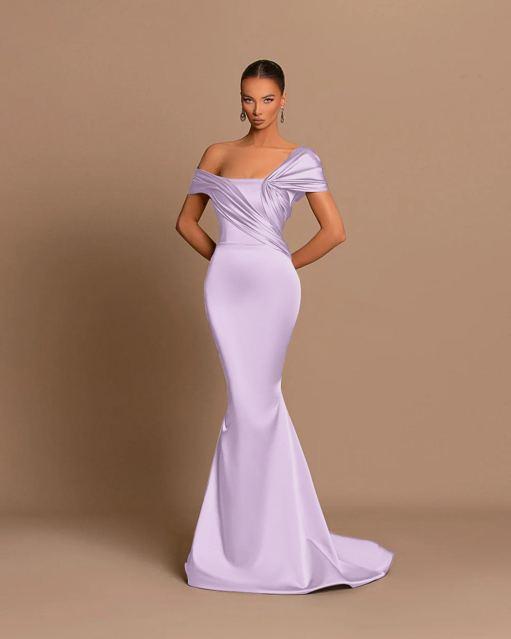 Grey Evening Dress Off-the-Shoulder Bateau Pleated Gown
