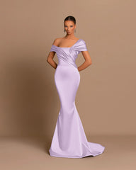 Grey Evening Dress Off-the-Shoulder Bateau Pleated Gown