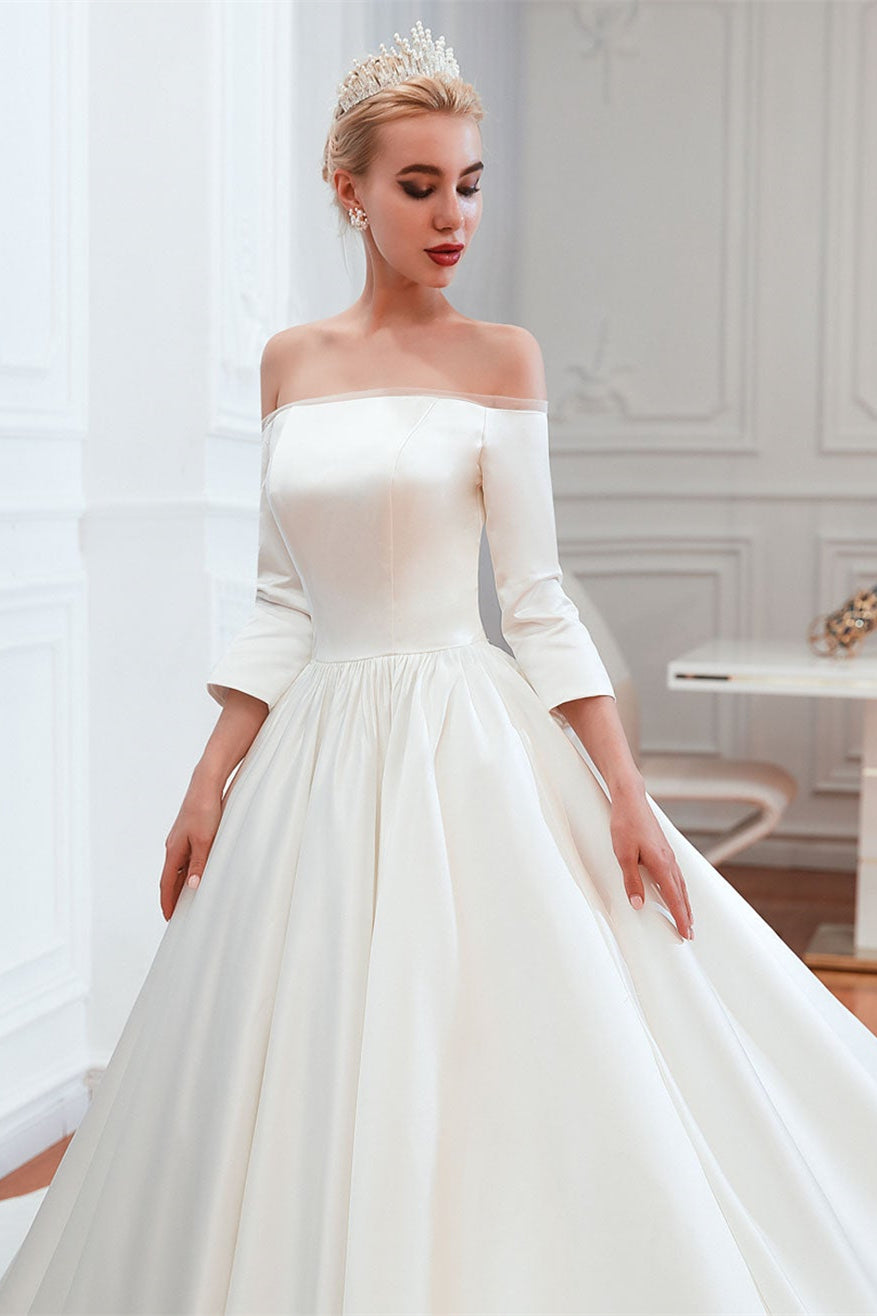 Off-the-Shoulder Satin Wedding Gown with Half Sleeves