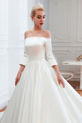 Off-the-Shoulder Satin Wedding Gown with Half Sleeves