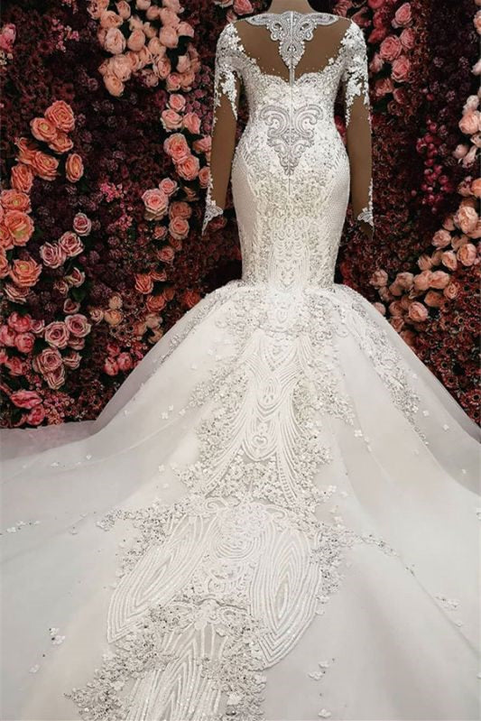 Elegant Sweetheart Mermaid Wedding Dress with Long Sleeves, Lace Appliques, and Beadings Ballbellas
