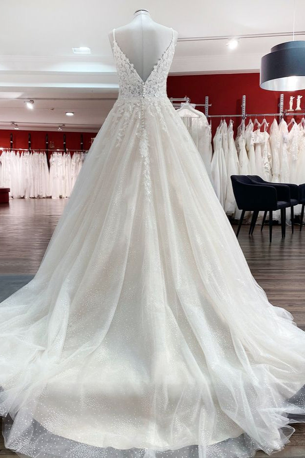 Long A-line V-neck Wedding Dress with Spaghetti Straps and Backless Tulle Lace