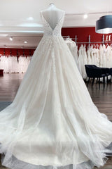Long A-line V-neck Wedding Dress with Spaghetti Straps and Backless Tulle Lace