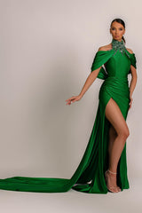 Classic Emerald Green High Neck Mermaid Prom Dress Split With beads