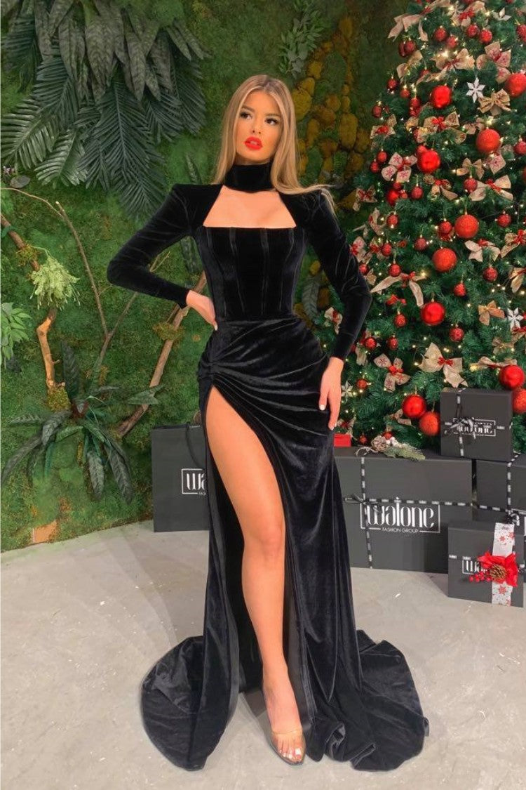 Black Prom Dress Velvet Long Sleeves With High Slit Halter