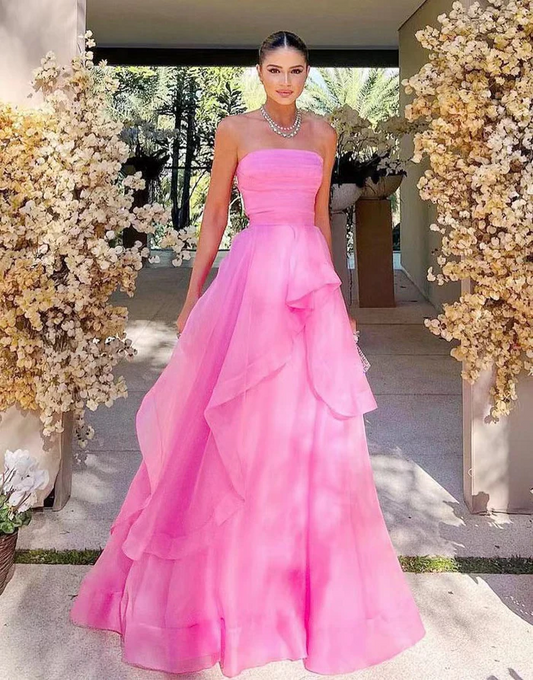 Pink Straight Across Halter Neck A Line Tulle Prom Dress with Ruffle