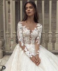 A-Line Wedding Dress with Elegant Long Sleeves and Bateau Train, Featuring Appliques Lace