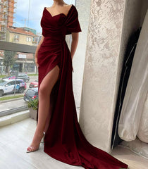 Gorgeous Dusty Sage Portrait V-Neck Pleated Slit Prom Dress with Ruffle