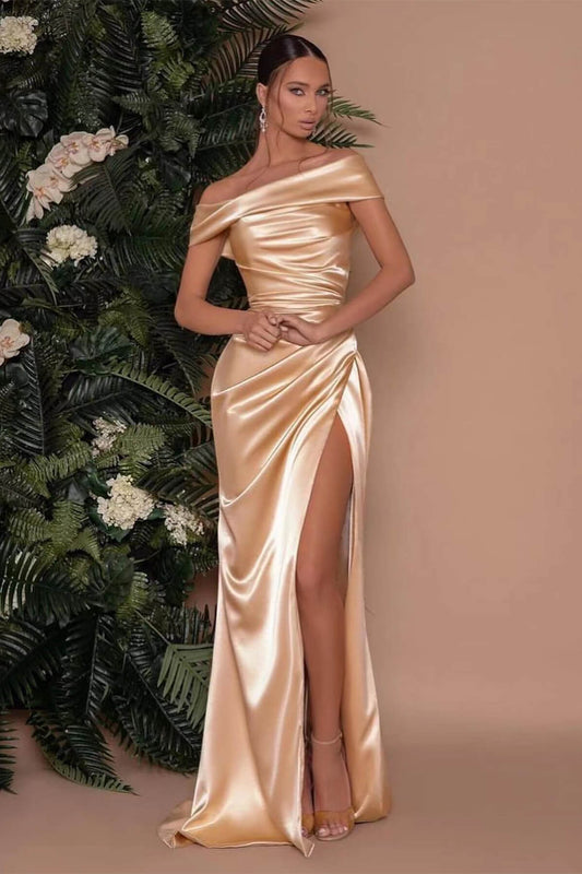 Champagne Off the Shoulder Charmeuse Prom Dress Split Mermaid