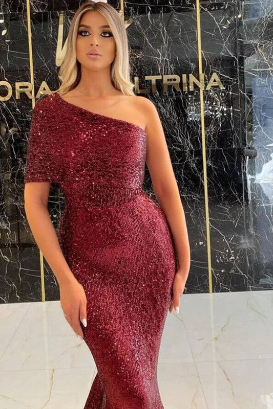 Gorgeous One Shoulder Burgundy Sequins Prom Dress Mermaid Long Online