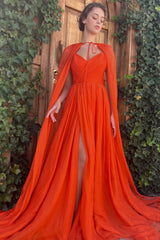 Amazing Bright Orange V-Neck Chiffon Prom Dress Sleeveless With Cape Side Split