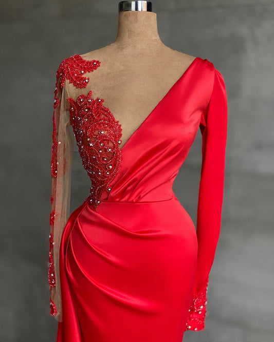 Red Long Sleevess Beadings Prom Dress Mermaid With Slit