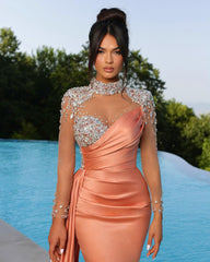 Modern High Neck Coral Long Sleeves Prom Dress Mermaid With Crystals Ruffle