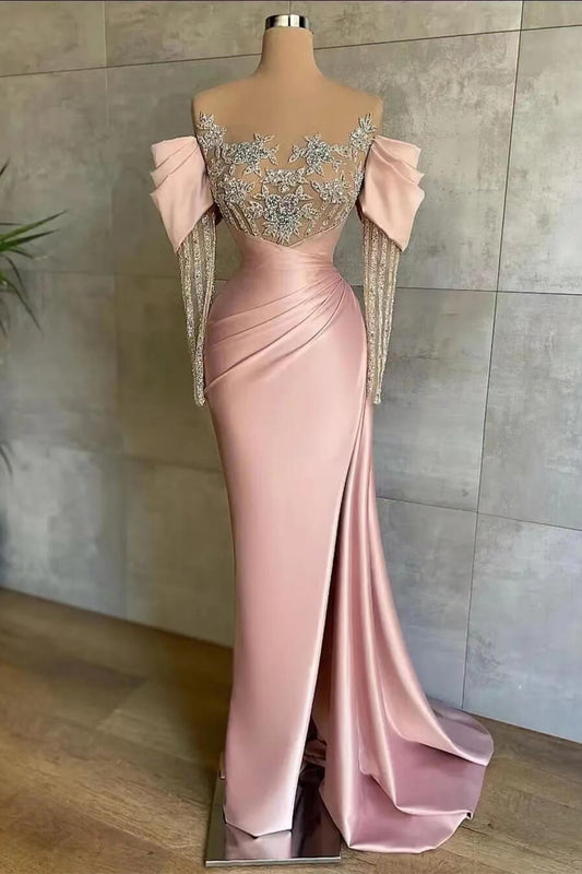 Pink Off-the-Shoulder Front Split Mermaid Long Sleeves Prom Dress Beadings with Appliques