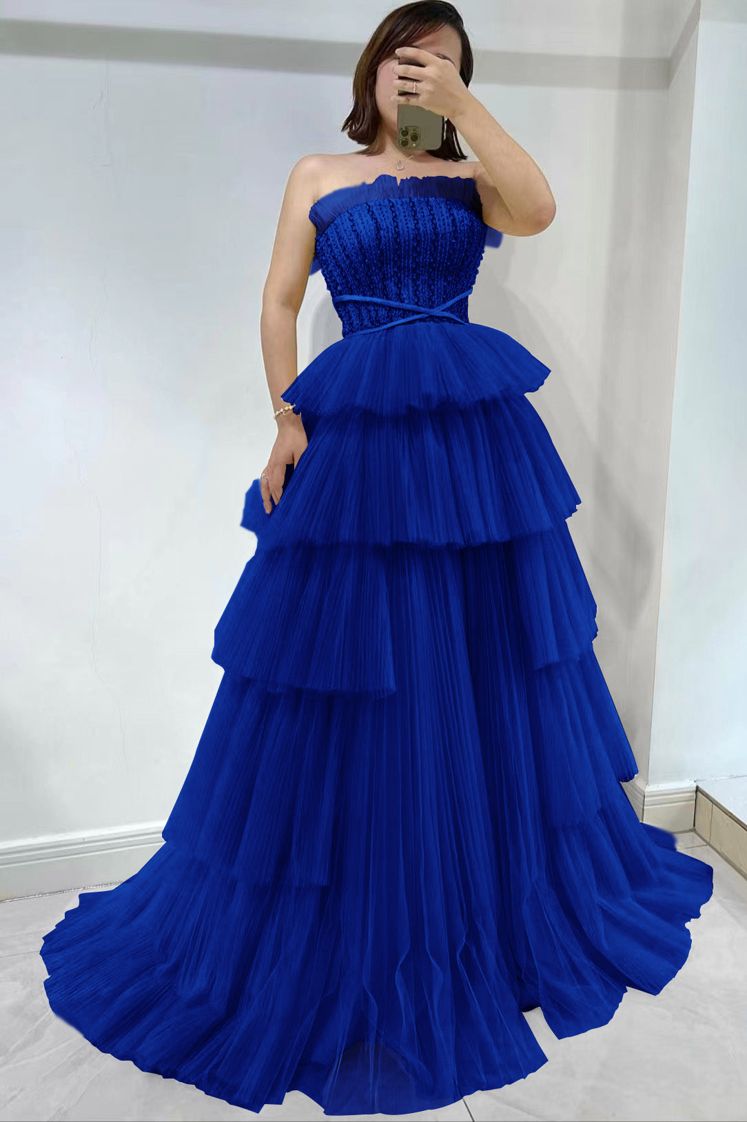 Daffodil Strapless Sleeveless Tulle Prom Dress with layered