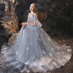 New Arrival Grey Ruffles Long Prom Dress Tulle With Embrodiary