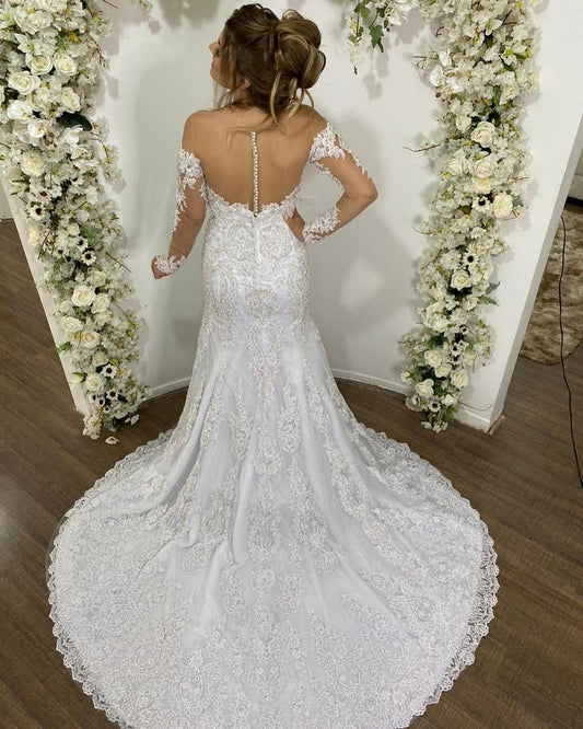 Mermaid Lace Wedding Dress Featuring Elegant Tulle Sleeves and Off-the-Shoulder Design