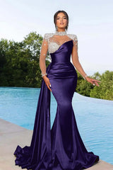 Purple Prom Dress Long Mermaid Satin With Trail Beadings Long Sleeves