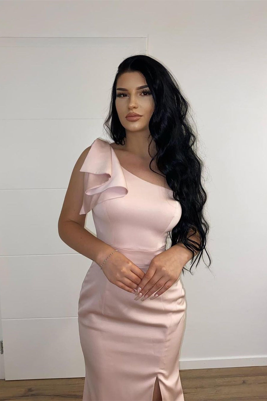 Classy One Shoulder Pink Mermaid Prom Dress With Split Long