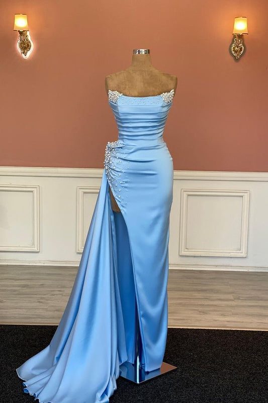 Modern Sky Blue Strapless Mermaid Prom Dress Pearls With Split Ruffles