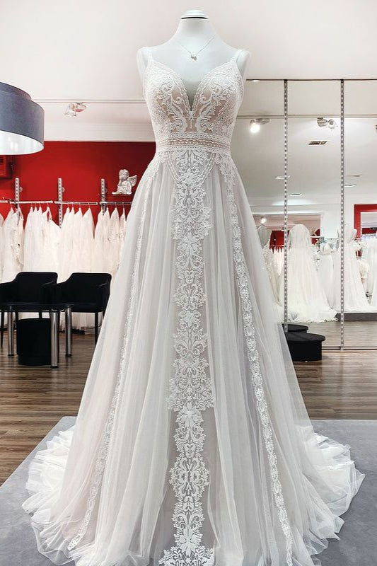 Elegant Long A-line Wedding Dresses Featuring Ruffles, Tulle Lace, and Open Back