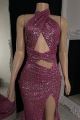 Charming Halter Sequins Prom Dress Mermaid Long Split Sleeveless Online