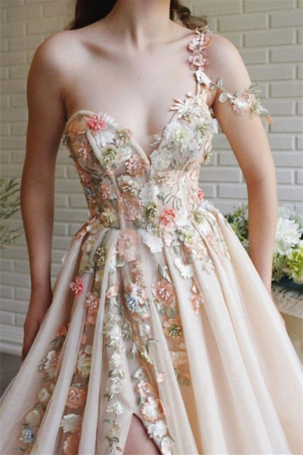 Classic One Shoulder Prom Dress Tulle With Flowers Split