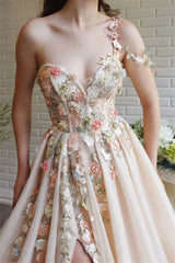 Classic One Shoulder Prom Dress Tulle With Flowers Split