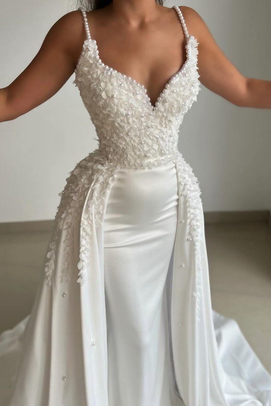 Stunning White Spaghetti-Straps Mermaid Prom Dresses With Pearls Overskirt Sleeveless
