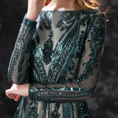 New Arrival Dark Green Sequins Long Sleeves Prom Dress With Detachable Skirt
