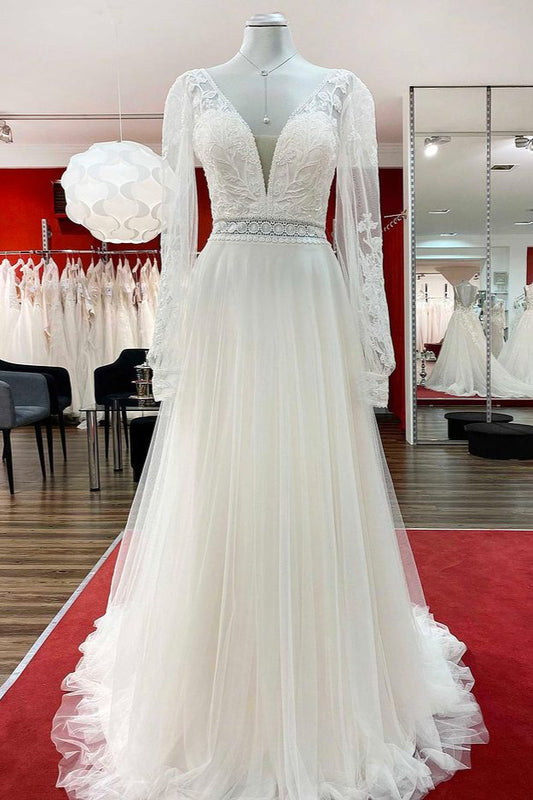 Elegant Sweetheart Neckline Long A-line Bridal Gown With Sleeves Featuring Tulle Beadings and Lace